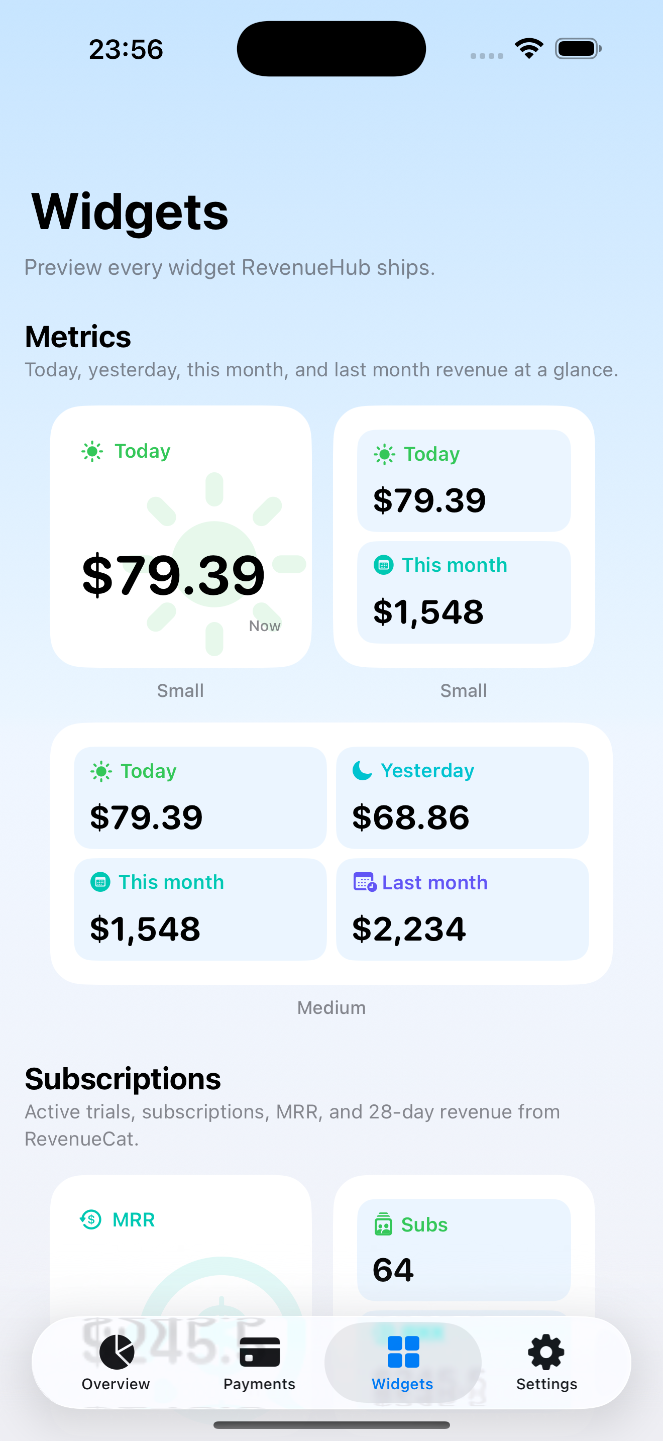 RevenueHub widget gallery