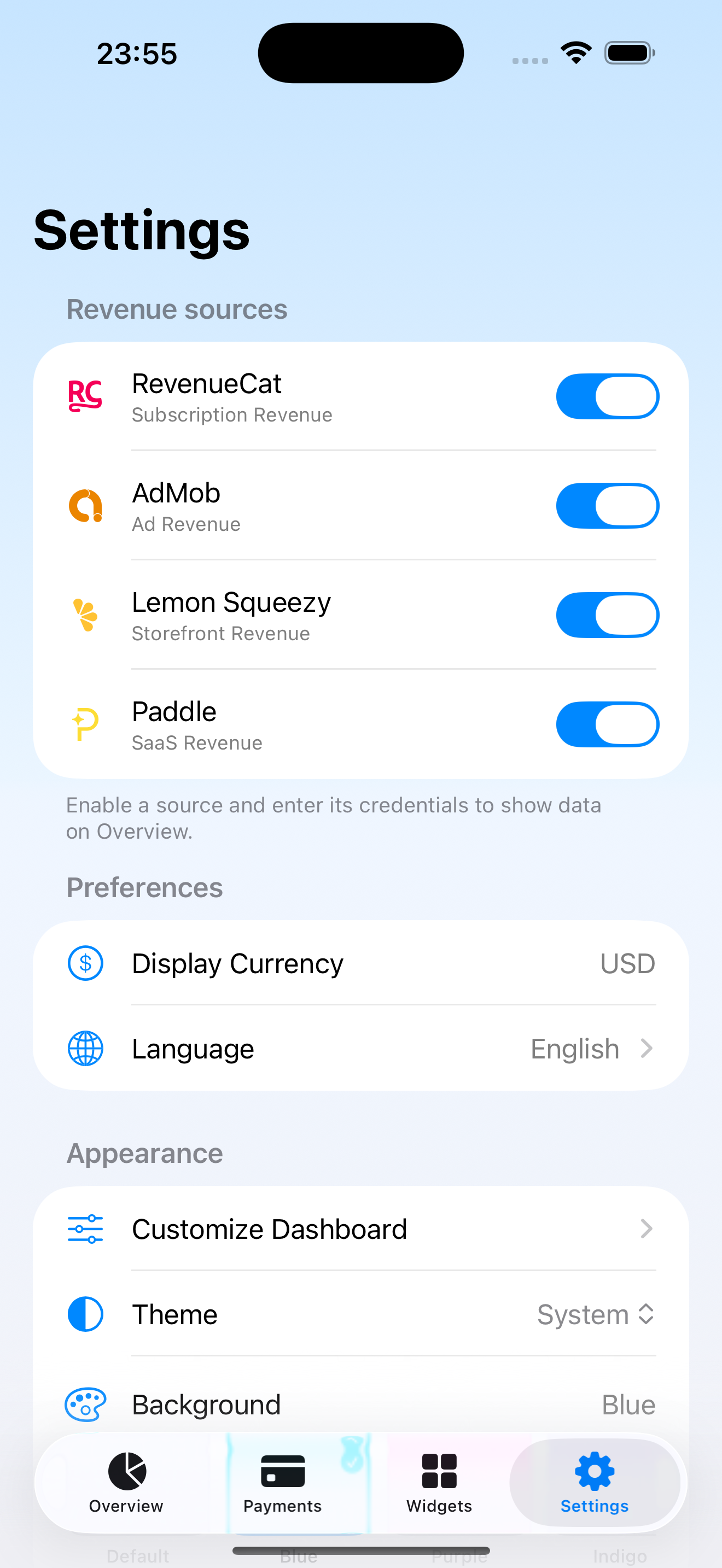 Customizable settings